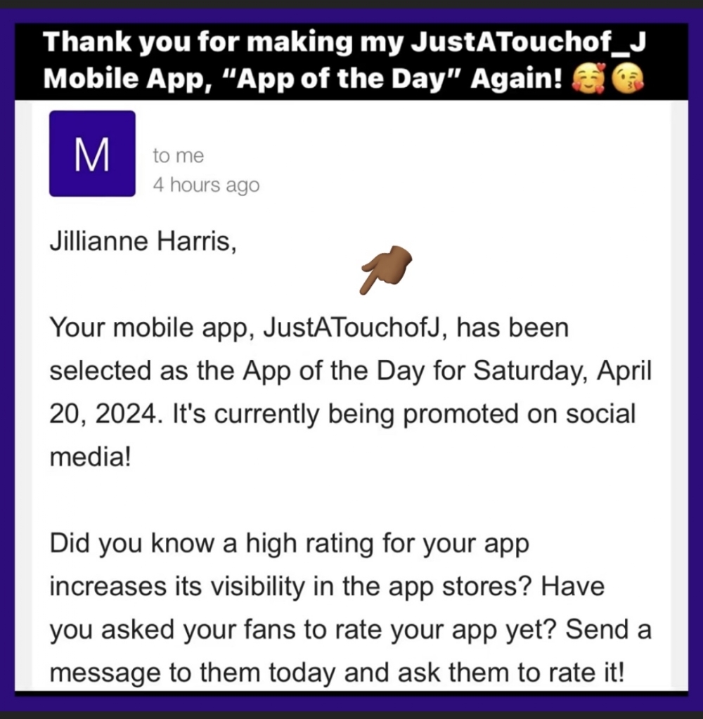 Thank You For Making My JustATouchofJ Mobile App - App Of The Day Again!