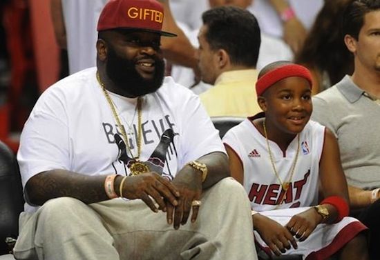 Rick Ross and Son Bond Courtside at the Miami Heat v. Chicago Bulls Playoff Game 2 (Video)