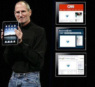 Apple CEO Steve Jobs holds up the iPad Apple CEO Steve Jobs holds up the iPad