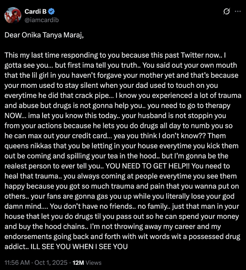 Cardi B Vows To Meet With "Possessed Drug Addict" Nicki Minaj: "This Past Twitter Now"