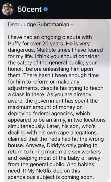 50 Cent Implores Judge To Keep Diddy Locked Up: "He Is Very Dangerous"