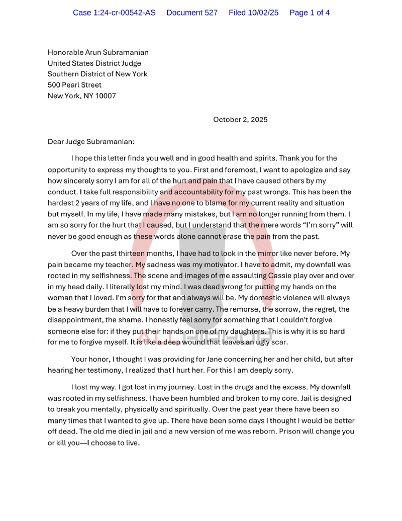 Diddy Writes Letter To Judge Before Sentencing: "The Old Me Died In Jail"