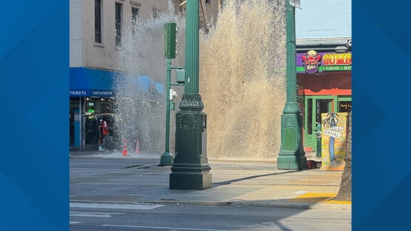 Water bursts from manhole at Royal and Canal Street in New Orleans