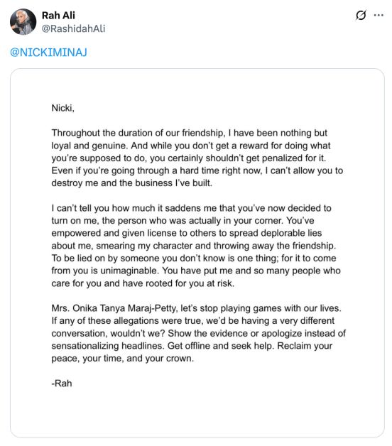 Nicki Minaj Dragged By Former Friend Rah Ali In Scathing Post: "Get Offline & Seek Help"