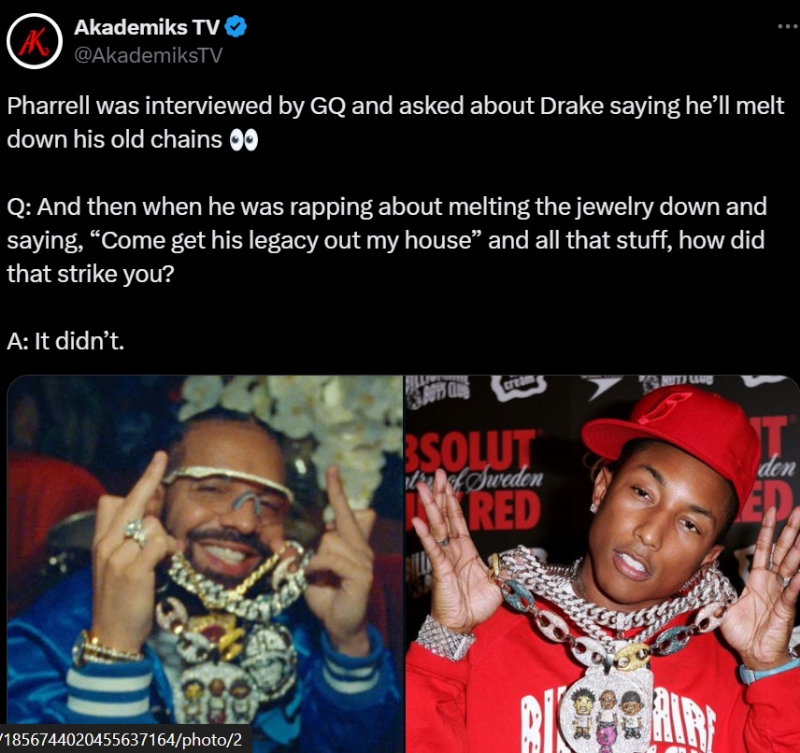 Pharrell Williams Has The Perfect Response For Drake's "Meltdown" Diss