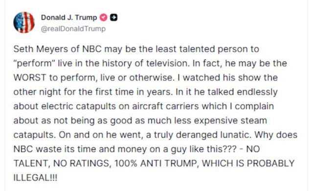 Donald Trump Calls Seth Meyers "Deranged Lunatic" Over Late-Night Catapult Jokes