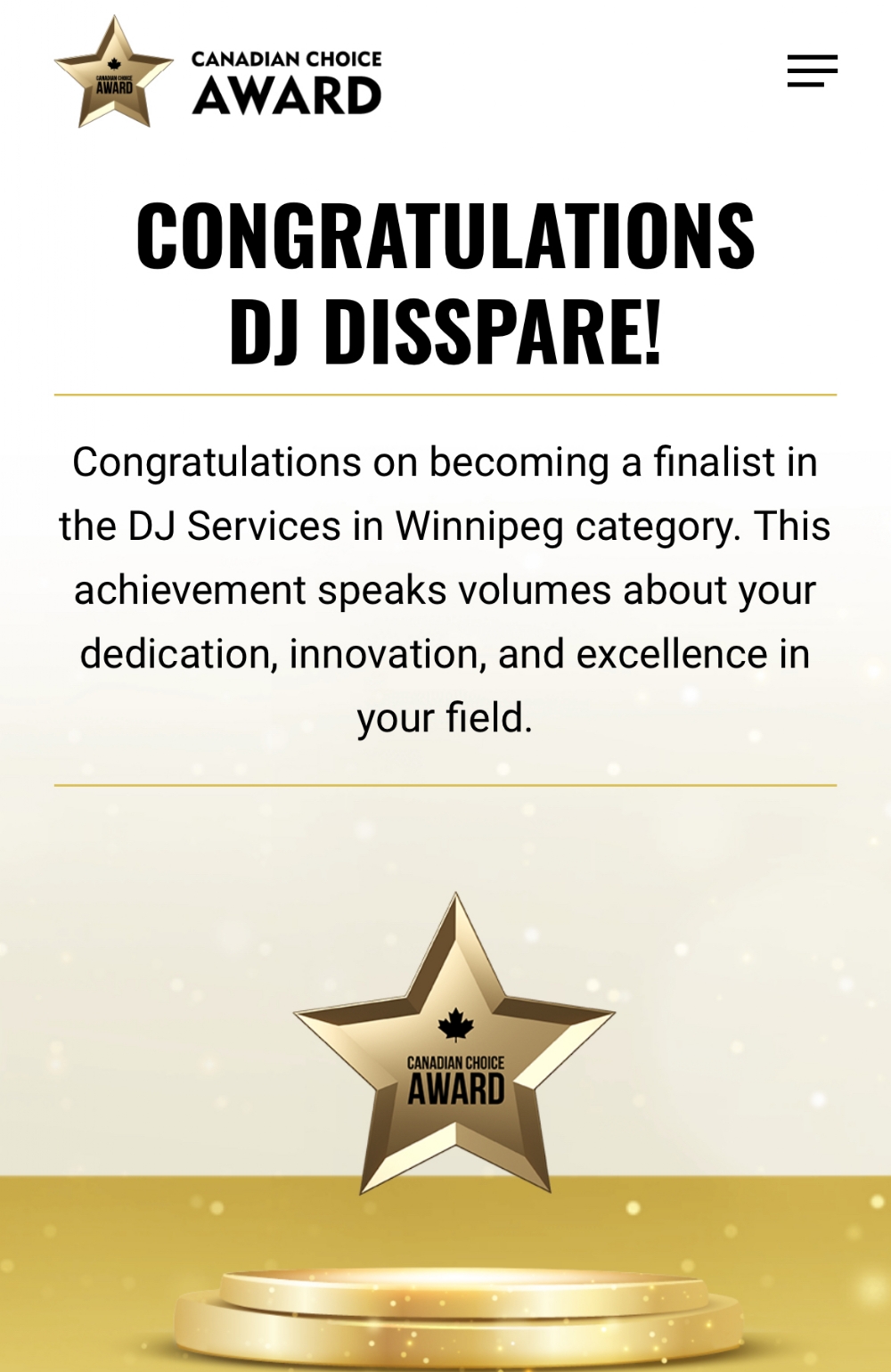 Dj Disspare stands as a finalist for the Canadian Choice Award,