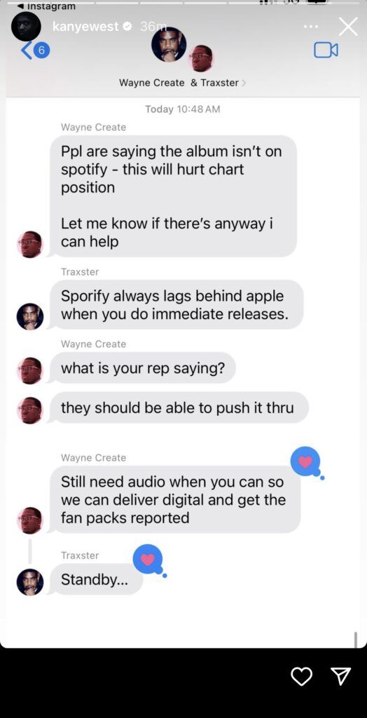 Kanye West Posts Conversation About Lack Of "Vultures 1" Spotify Drop