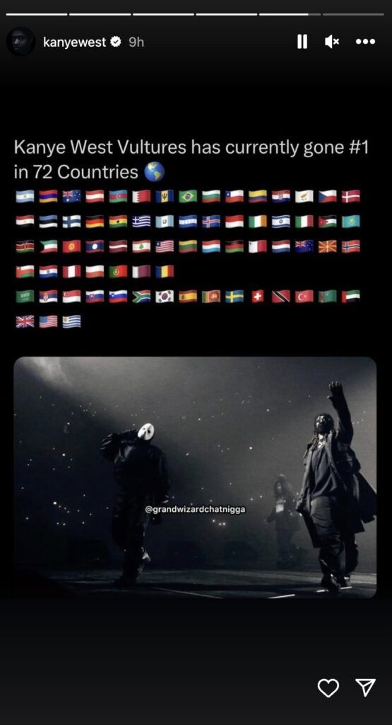 Kanye West Claims "Vultures" Is No. 1 In 72 Countries, Including Israel