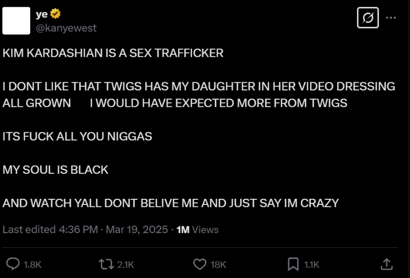 Kanye West Stoops To A New Low And Labels Kim Kardashian An Alleged "Sex Trafficker"