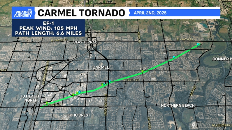 3 tornadoes confirmed in Madison, Delaware Counties; Carmel tornado path drawn