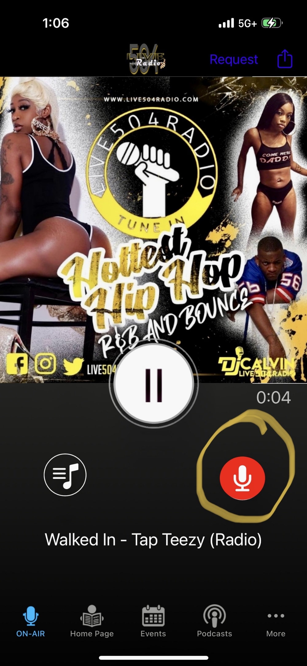 Tap record to send a message to Live504Radio