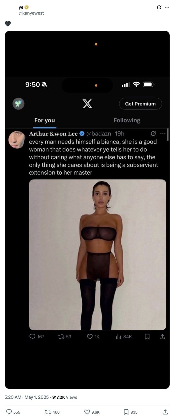 Kanye West Agrees With A Fan's Tweet About Bianca Censori Being "Subservient" To Him