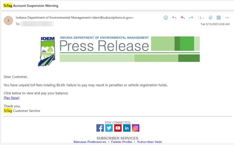 Strange toll scam emails appear to originate from Indiana email addresses