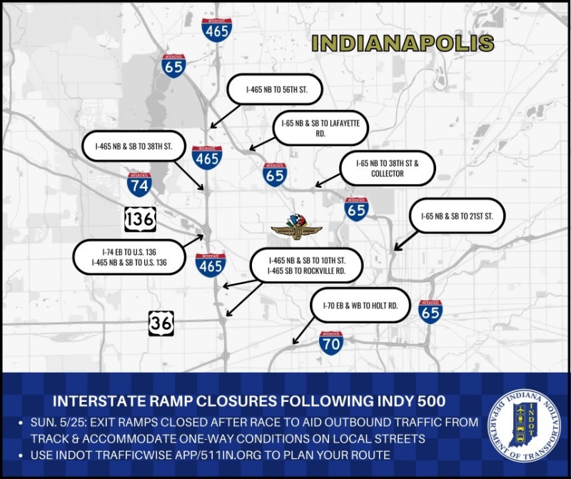 INDOT: Highway exit ramp closures to occur after Indy 500