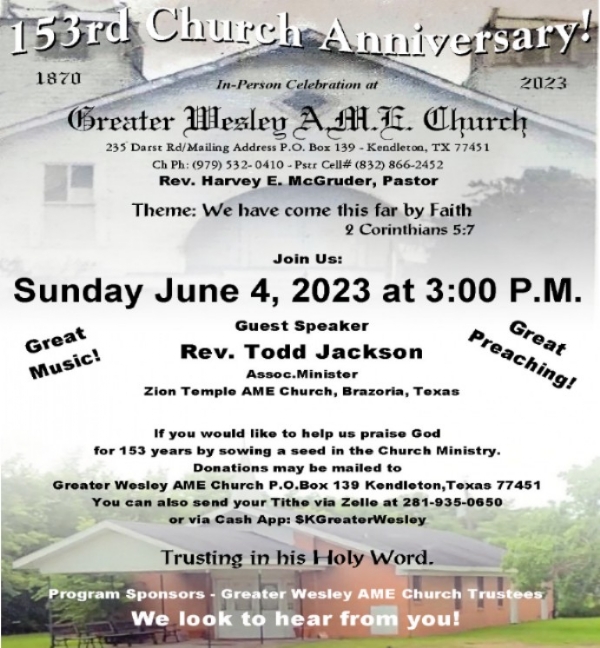 Greater Wesley AME Church Celebrates their 153rd Church Anniversary June 4th