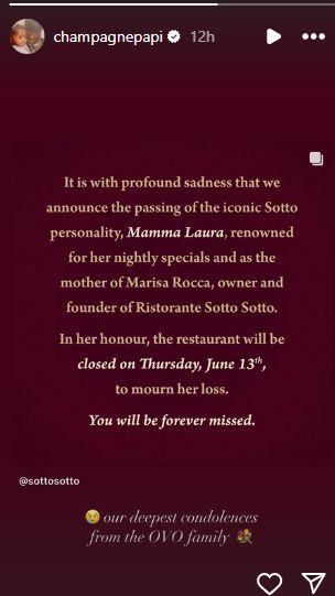 Drake Shares Condolences After Sotto Sotto's Legendary Momma Laura Passes Away