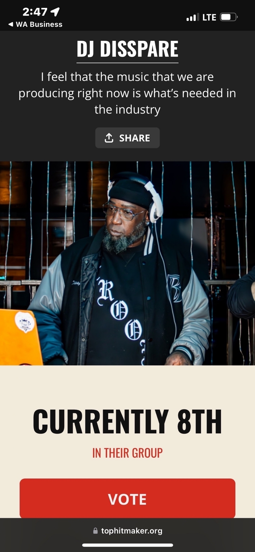 DJ DISSPARE IS CURRENTLY 8TH IN THEIR GROUP PLEASE VOTE