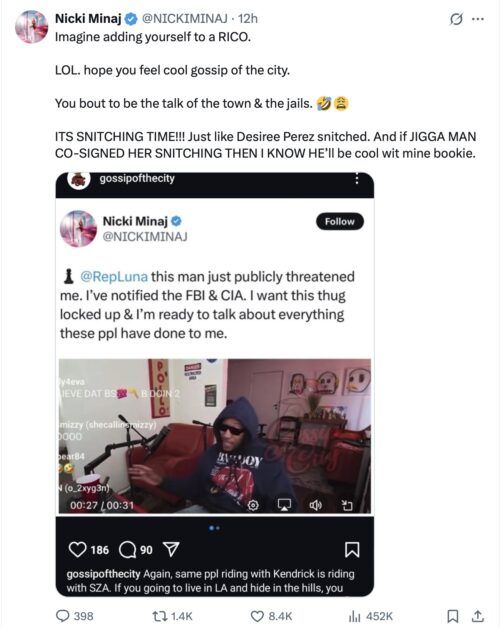 Nicki Minaj Says She's "Snitching," Summons The FBI, CIA & Politicians Over "Threat"