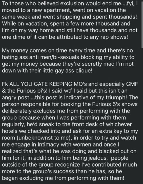 Rahiem Hurls Dark Accusations At Furious 5 Members Over Sexuality & Exclusion