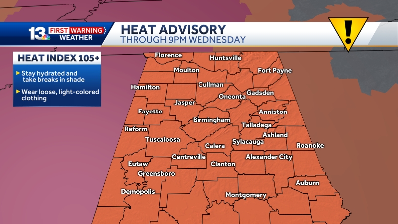 Heat Advisory Wednesday: highs in the 90s, feels like 105+ in the afternoon forecast