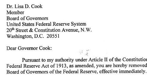 Read Trump's Directive Firing Lisa Cook From Fed Role