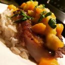 Jerked RockFish over Coconut Rice w/ Mango, Banana, Pineapple #Salsa.