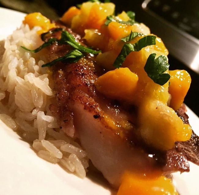 Jerked RockFish over Coconut Rice w/ Mango, Banana, Pineapple #Salsa.