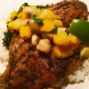 Jerked RockFish over Coconut Rice w/ Mango, Banana, Pineapple #Salsa.