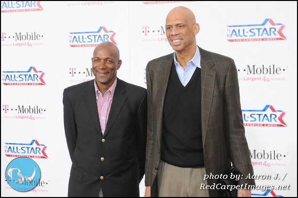 NBA Hall of Famers Clyde Drexler and Kareem Abdul Jabbar arrive to the game